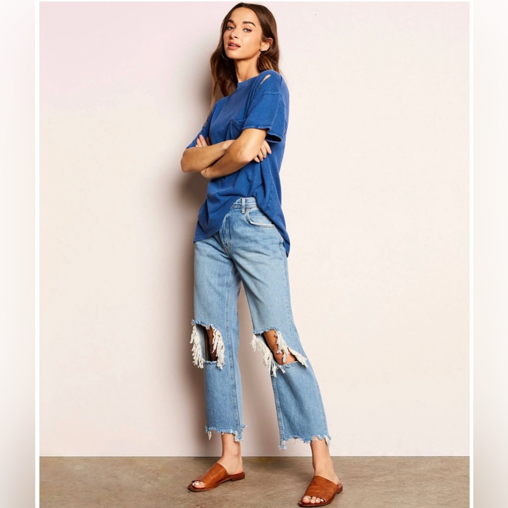 Free People Distressed Mid-Rise Straight Leg Jeans